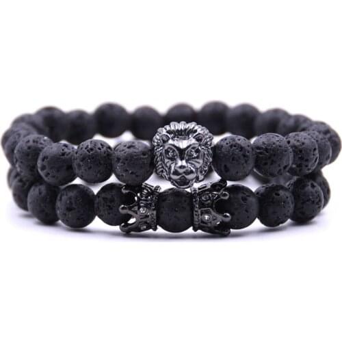 2 Pieces/Set Of Vintage Luxury Lion Head And Crown Charm Bracelet 8MM Natural Lava Stone Head Bracelet Mens And Womens Gifts