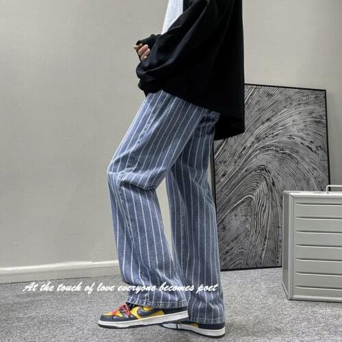 2021 Mens Streetwear Stripe Printing Casual Pants Baggy Homme Cargo Pocket Jeans Biker Denim Classic Style Blue Trousers S-3XL