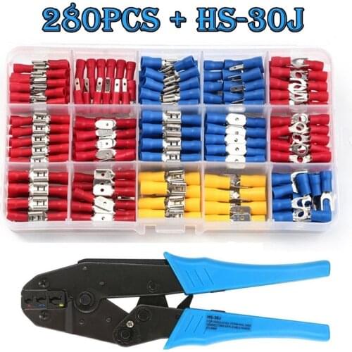 280PCS HS-30J Spade Terminals Set Insulated Cable Connector Electrical Wire Crimp Butt Ring Fork Set Ring Lugs Crimp Plier Kit