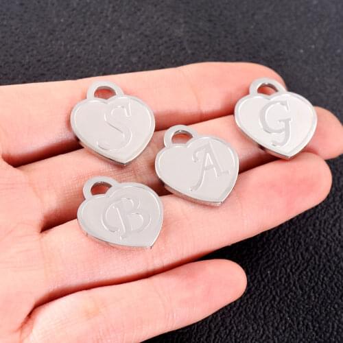 5Pcs/Lot Initial Charm Stainless Steel Heart 26 Letters Alphabet DIY For Men Women Gifts Jewelry Crafts Making