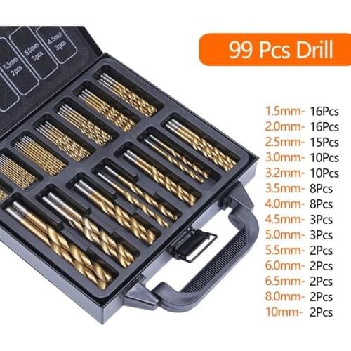 99PCS HSS twist drill bit set 1.5-10mm titanium coating surface 118 degrees for drilling metal DIY use and box
