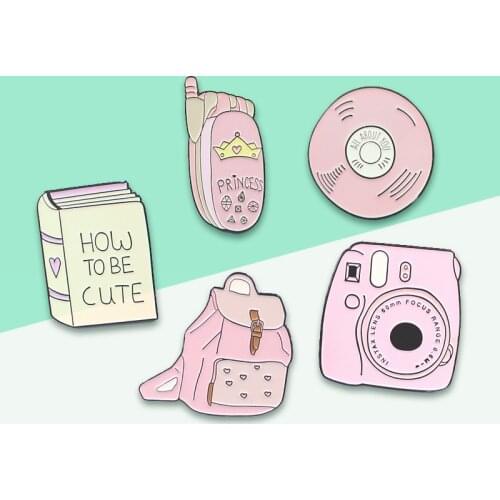 Cartoon Lovely Brooches Pink Polaroid Camera CD Backpack Cute Book Telephone Mobile Phone Lapel pins For Unisex Jewellery Gift