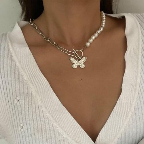17KM Vintage Gold Silver Color Pearl Pendant Butterfly Necklace for Women Boho Butterflies Chain Choker Necklaces Jewelry