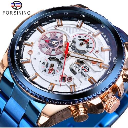 Forsining Blue Stainless Steel Calendar Display Mens Military Automatic Sport Wrist Watches Top Brand Luxury Male Clock Relogio