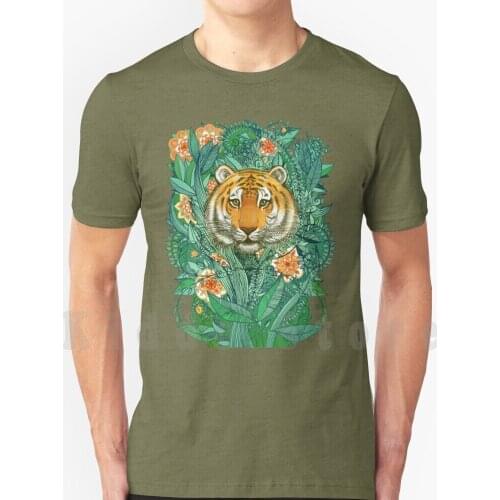 Tiger Tangle In Color T Shirt Cotton Men Diy Print Cool Tee Tiger Jungle Lush Garden Doodle Micklyn Hand Drawn Pencil Sketch