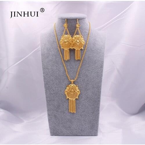 Ethiopia 2020 NEW 24K gold color jewelry sets Dubai for women African India Party wedding Necklace Pendant Earrings set gifts