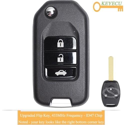 KEYECU Upgraded Flip/ Folding Remote Control Car Key for Honda Civic 2014+, Replacement Fob 3 Buttons - 433MHz - ID47 Chip