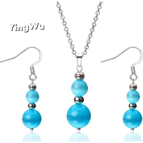 Yingwu Fashion Opal Jewelry Sets For Women Wedding Necklace Earrings Cat Eye Stone Crystal Jewelry Set Stainless Steel Chain