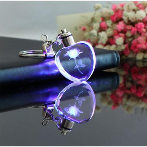 Creative Glow Keychain Fashion Colorful Fairy Rose Flower Pattern Love Shape Crystal Rhinestone LED Light Keyring Lover Jewelry