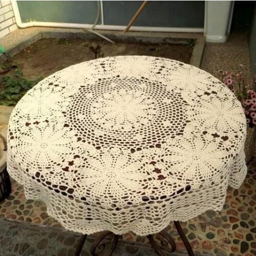 Hand Crochet Lace Round Table Runner Table Cloth White Cotton Wedding Home Decor Knit Flower Tablecloth Cover Beige White