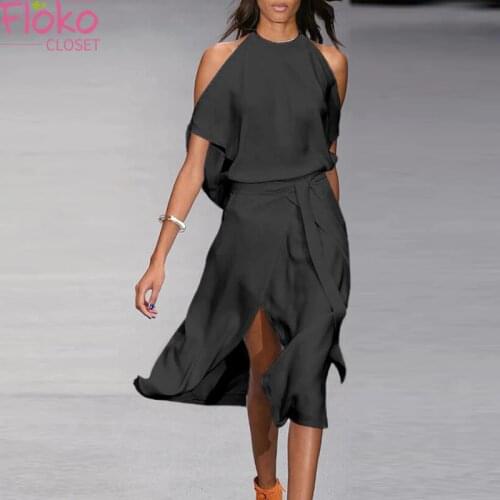 Flokocloset Summer Off The Shoulder Split Long Dress Casual Halter Office Lady Solid Color Maxi Dresses for Women 2021