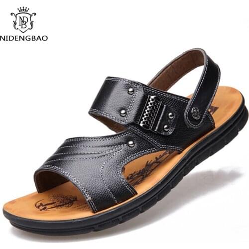 Summer Mens Leather Sandals Breathable Beach Shoes Men Casual Comfy Rubber Soles Non-Slip Sandals for Men Zapatillas Hombre