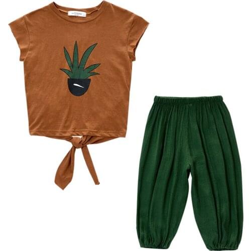 Girl summer fashion two-piece suit Girls Short Sleeve T-Shirt Cropped Pants Set Girl bow decoration two-piece