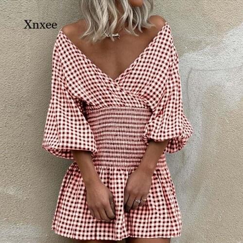 Half Sleeve Elastic Waist Mini Dress V Neck Plaid Lantern Sleeve Robe Women Ladies Off Shoulder Beach Boho Female Short Clothing