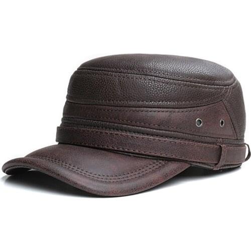 Mens Autumn And Winter Flat Top Cap With Cotton, Cow Leather And Ear Protection Leather, Outdoor Warm Leather Hat