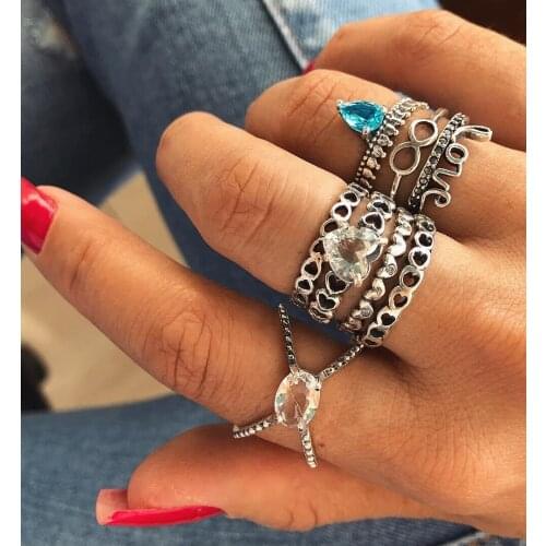 TianBo 8 PCS Vintage Jewelry Cubic Zirconia Ring Set Crown Green Crystal Hollow Rings for Men Women Trendy Free Combination Ring