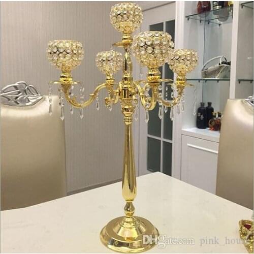 New product elegant Tall metal and crystal candelabra centerpieces wedding gold , silver candelabra 5 arm decoration