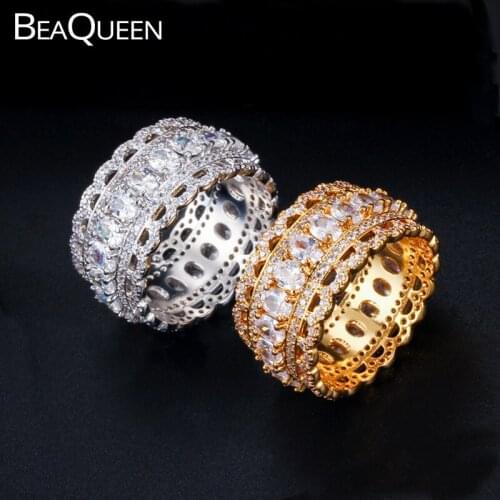 BeaQueen Sparkling Oval AAA Cubic Zirconia Paved Women Full Finger Rings Big Yellow Gold Color Dubai Wedding Bands Jewelry R087