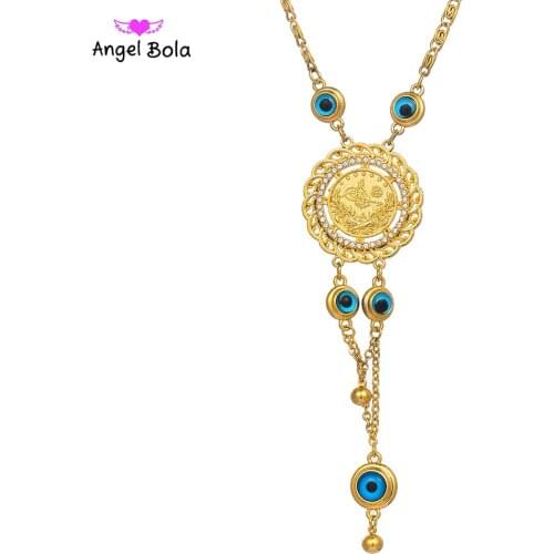 Wholesale Good Luck Muslim Islam Allah Chain Necklace New Fashion Gold Turkey Blue Eye Fatima Palm Necklac for Women Jewelry