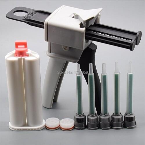 Glue Gun Dispenser Universal 50ml 1:1 1:2 Glue Adhensive Caulking Gun with 50ml 1:1 Empty Cartridge and 5pc 1:1 Mixing Nozzles