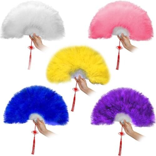 Factory Direct Sales White Ladies Folded Turkey Feather Hand Fan Wholesale Handmade Fans For Dance Wedding Decoration