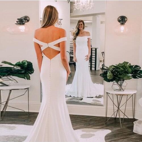Off Shoulder Mermaid Wedding Dress Crisscross Back Chapel Train White Ivory Simple Vestido De Novia Covered Button Wedding Gowns