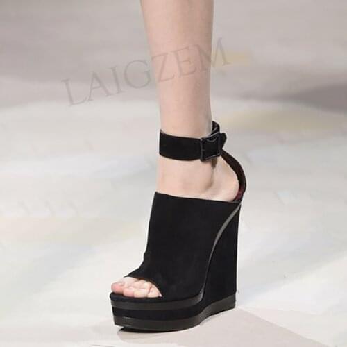 SEIIHEM Women Platform Wedges Pumps Peep Toe Heeled Faux Suede Ankle Straps Sandals Ladies Shoes Woman Big Size 43 44 47 50 52