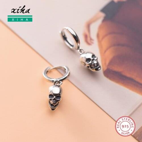925 Sterling Silver Hoop Earrings for Women Skull Skeleton Round Circle Fashion Earrings 2020 Statement Cute Earrings
