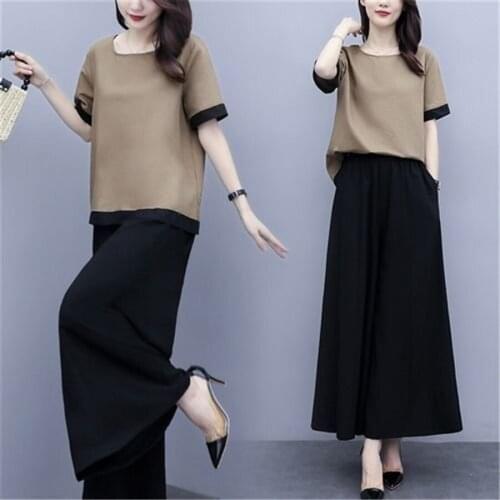 2021 summer Fashion Two piece Casual set Women short Pullovers Tops and wide-leg pants Suits High Quality