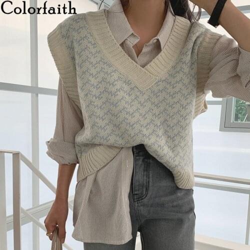 Colorfaith 2021 New Winter Spring Women Sweaters Pullover Sleeveless Vest Waistcoat Korean Oversize Checkered Knitwear SWV18191