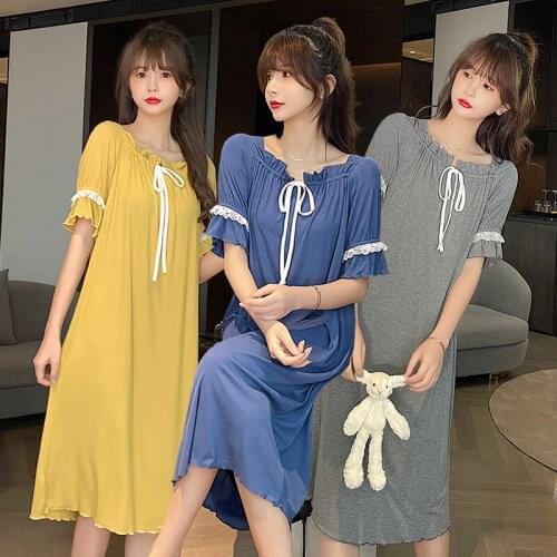 2021 Summer Sweet Princess Short Sleeve Loose Modal Nightgowns for Women Long Dress Sleepwear Night Dress Nightdress Home Nighty