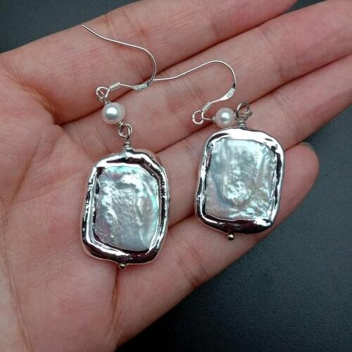 YYGEM Cultured White Rectangle Pearl White Gold plated Dangle Silver Hook Earrings