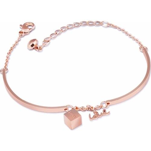 Fashion Stainless Steel Chain Bangles Bracelets For Women Love Letter & Cube Rose Gold Color Extended Charm Chain Jewelry