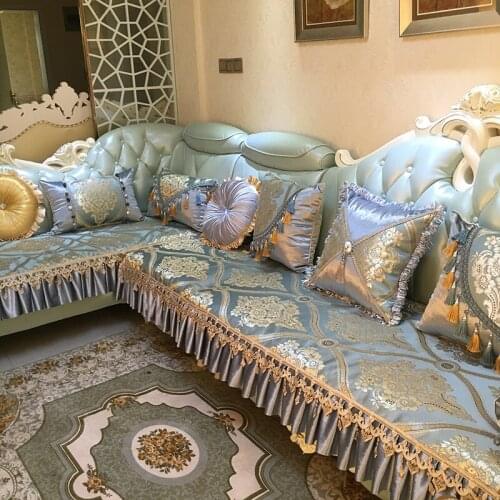 European Luxury High Quality Sofa Towels with Lace Skrit Jacquard Royal Nonslip Cushion Cover Decorative Sectional Couch Covers