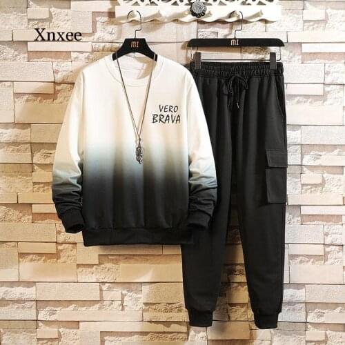 Gradient Printing Mens Casual Sweater Suit Autumn Winter Handsome Harem Pants Outfits Velvet Fashion High Street Two Piece Set