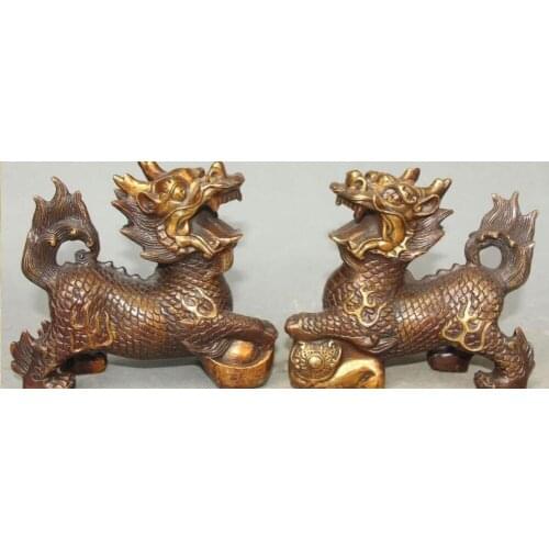 Chinese Bronze Gilt Dragon Beast kylin Kirin Chi-Lin Kilin Pair Yuan Bao Statue