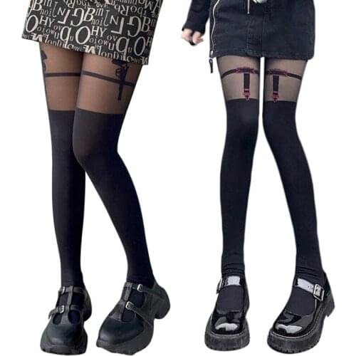 Women Girls Gothic Punk Black Pantyhose Fake Garter Belt Thigh High Illusion Stockings Sexy Tights Harajuku Hosiery