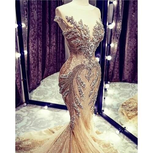 Champagne Mermaid Wedding Dresses Luxury Crystal Beads Sequin Lace Sweep Train Wedding Dress Real Picture Sheer Cap Sleeve Brid