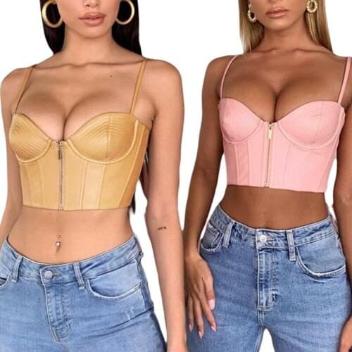 Summer 2021 Women Sexy Cami Tops, Adults Solid Color Zipper V-neck Crop Top with Removable Chest Pads