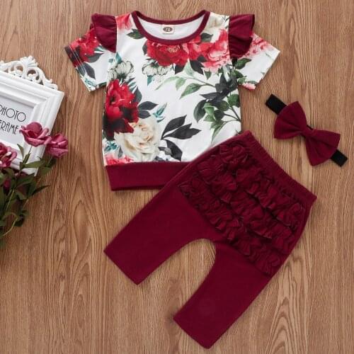 2021 Summer Fashion Newborn Infant Baby girl Clothes Flower Outfits 3PCS Clothing Set Tops T-shirt +Trousers+Headband