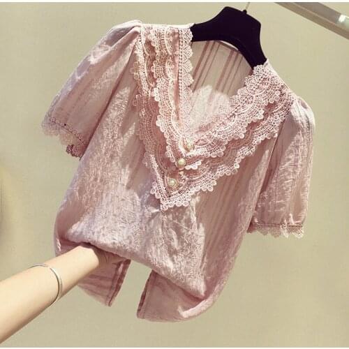 Summer Chiffon Blouse 2021 New Fashion Short Sleeve V-Neck Lace Floral Embroidery Button Shirts Casual Loose Top Blusas 5XL Plus