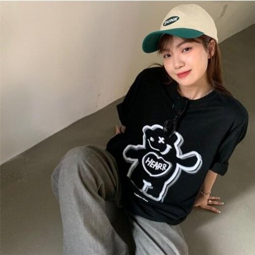 Summer college style cartoon print half-sleeved mid-length loose round neck T-shirt simple and versatile casual women