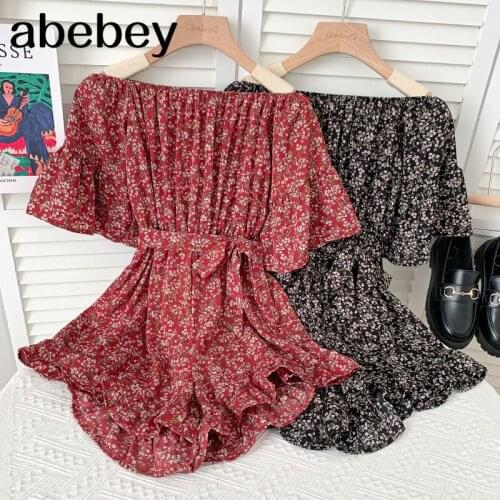 Fashion off shoulder slash neck flare sleeve Rompers high waist pleated lace up print casual wide leg Rompers 2021 New Summer