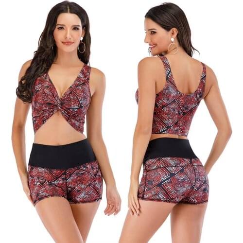 Fashion Female Vintage Floral Print Swimsuit 2 Pieces Boxer Shorts Sling Bra Bikini Sets Women High Waist Bandage Bathing Suits