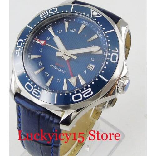 Nologo Mechanical Men Watch Blue Dial Blue Ceramic Bezel 41mm Silver Color Case GMT Hand Automatic Movement Leather Strap