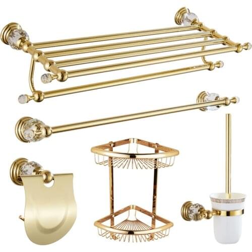 Bathroom Accessories Set Solid Brass & Crystal Towel Rack Toilet Brush Holder Robe Hook Paper Holder Soap Dish Bath Hardware Set