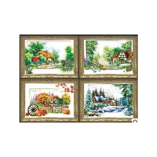 Embroidery Package Free shipping Cross Stitch Kits 4 Pieces Spring Summer Fall Winter Scenery Flower Tree Cabin