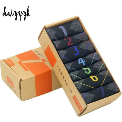 2019 New Mens Week Socks Diamond Black White Gray 3 Colors Cotton Digital Happy Socks Men Crew Socks 14 Pcs=7 Pairs / Lot