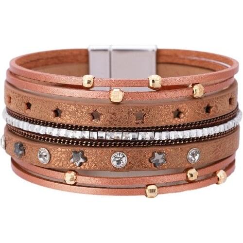 ORNAPEADIA Bohemian Jewelry Retro Ethnic Style Bracelet Star Hollow Rivet Multilayer Magnetic Buckle Leather Ladies Jewelry