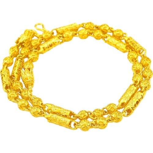 Yellow Gold Plated Necklace For Women Blessing Character Hollow Cylinder Bead Sand Gold Necklace Wedding Fine Jewelry Gifts